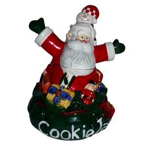 Santa Cookie Jar w Snowman Lid Christmas Hand-Painted Holiday Kitchen Storage
